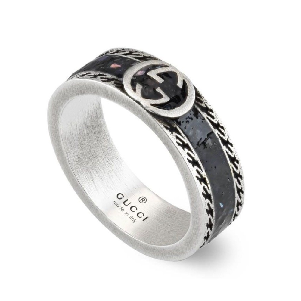 Gucci Interlocking GG Black Resin Sterling Silver 925 Band Ring Size 21 US 9.5